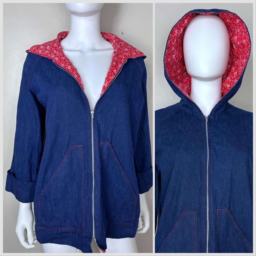 Vintage 1970s Denim Jacket, Red Floral Lined Hood, Shelly’s Tall Girls, Medium